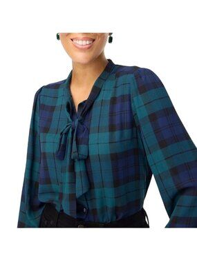 J.Crew Black Watch Plaid Bow Blouse Career Classic Preppy Blue Green Size M